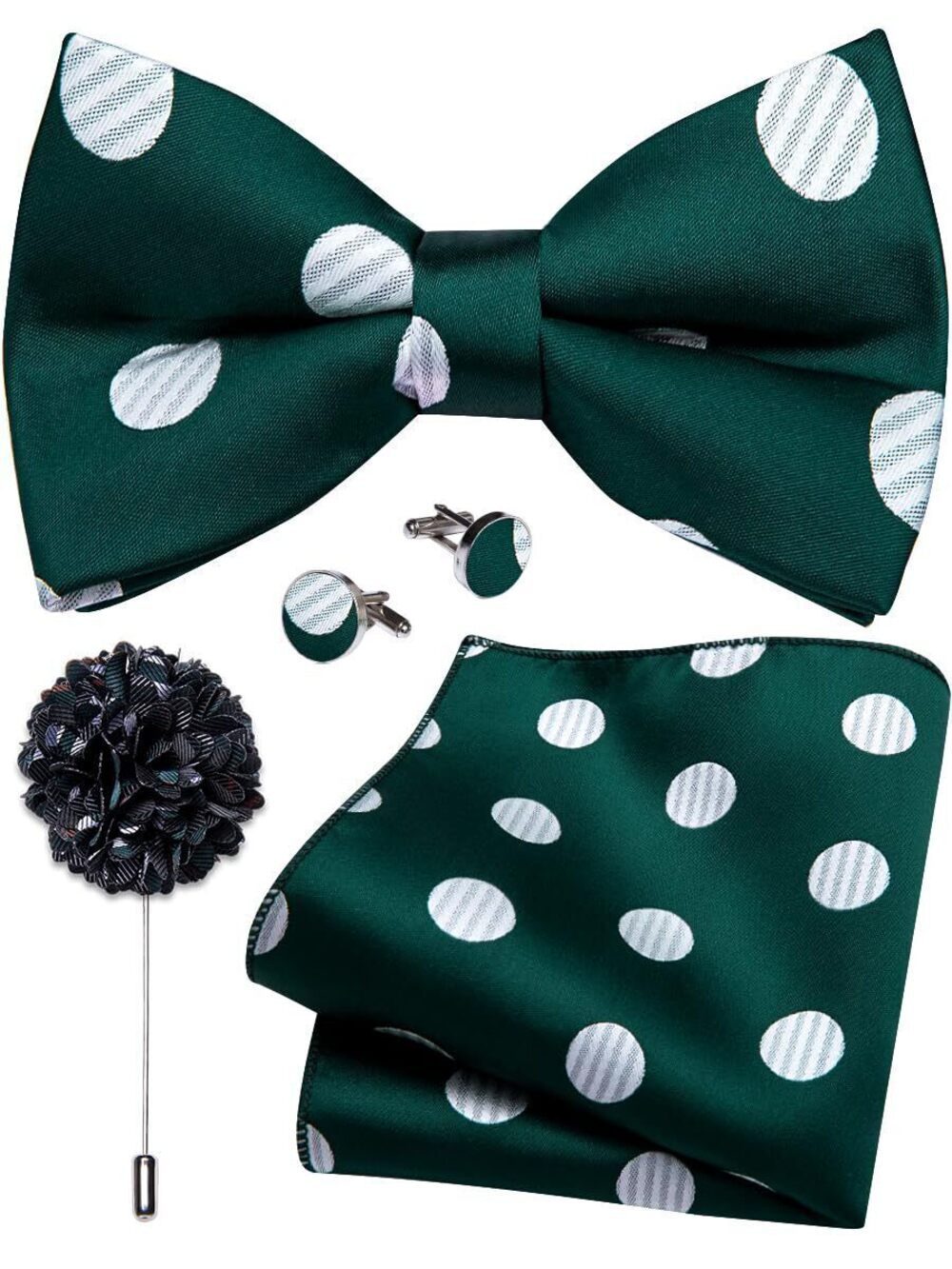 5934 Green White Bow Tie Polka Dot Pre-tied Tuxedo Bowtie Pocket Square